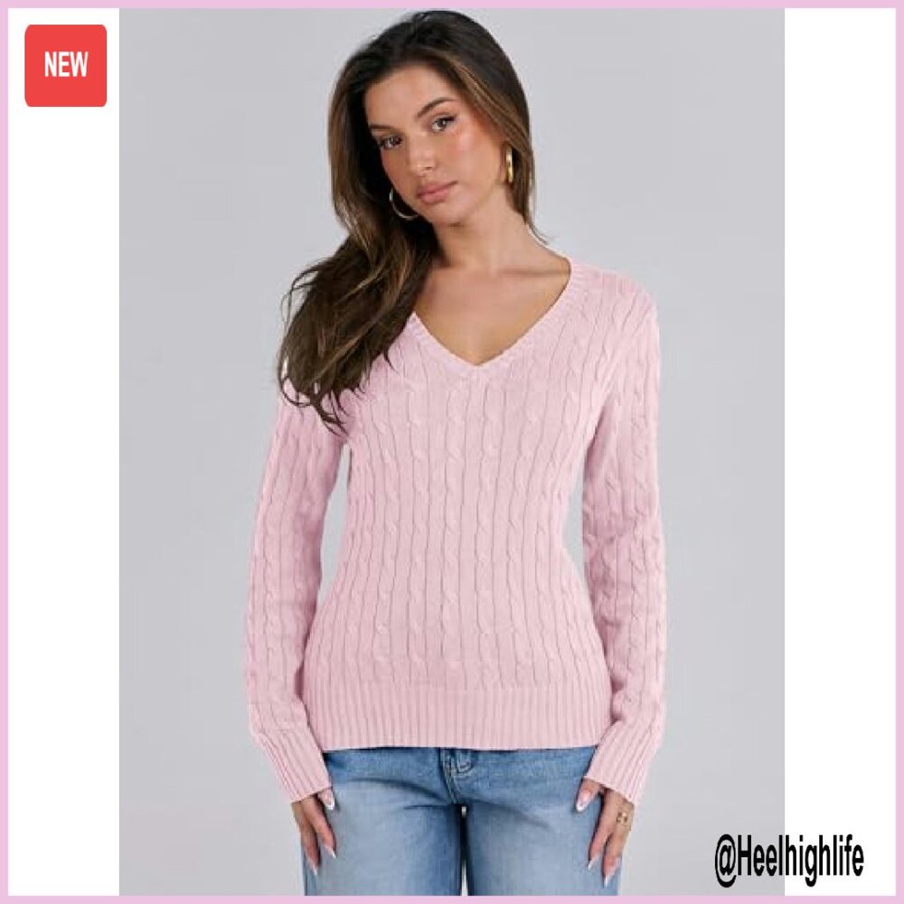 Slim Fit Cable Knit V-Neck Sweater Long Sleeve Pullover Business Casual - Picture 4 of 8